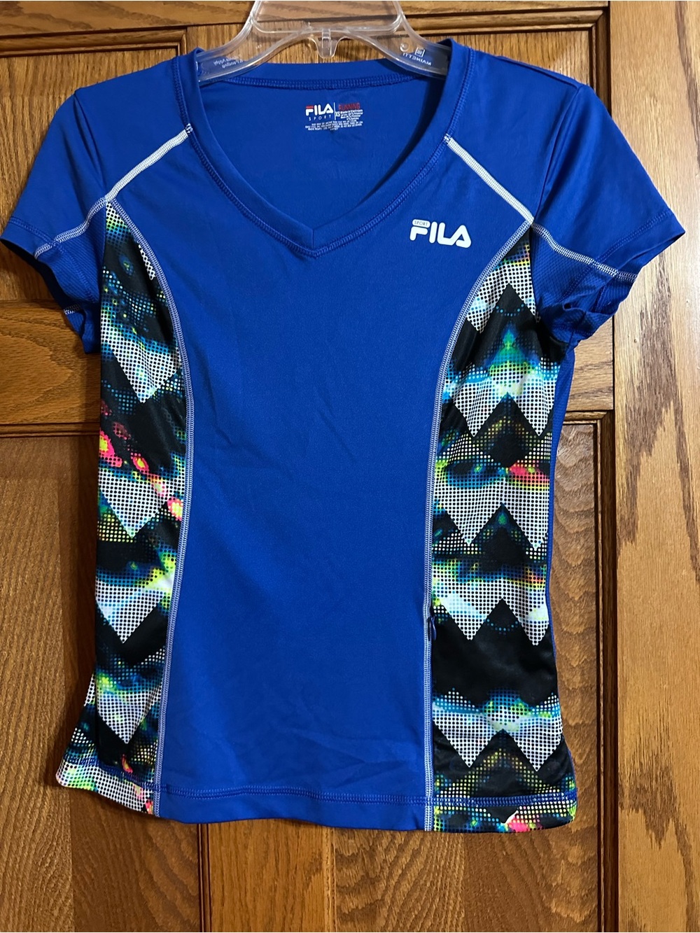 Fila Royal Blue V-Neck Athletic Tee with Multicolor Geometric Panels